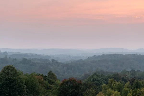 Atmospheric Landscape Scene Lush Forest Layers Mist Autumn Dusk Countryside —  Fotos de Stock