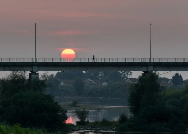 Man Walks Bridge Sava River Bosnia Herzegovina Croatia Cloudy Sky — Stockfoto