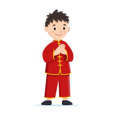 Geleneksel Çin kıyafeti giymiş genç bir çocuk.