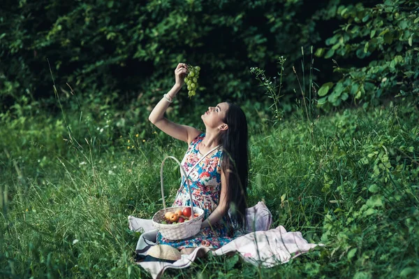 Dívka Pikniku Lese Ovoce — Stock fotografie