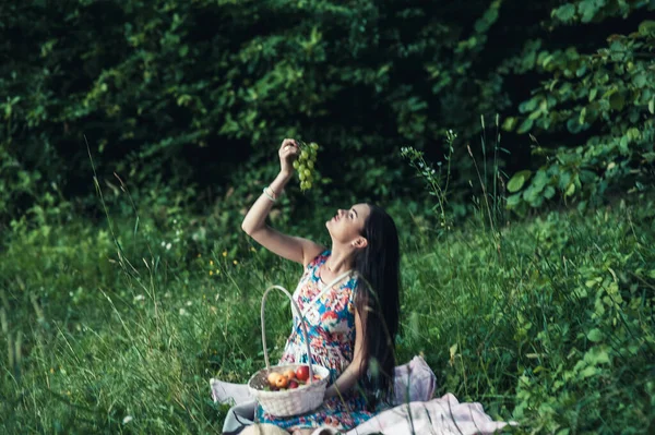 Flicka Picknick Skogen Frukter — Stockfoto