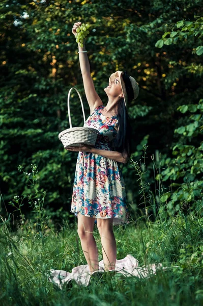 Dívka Pikniku Lese Ovoce — Stock fotografie