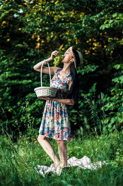 Dívka Pikniku Lese Ovoce — Stock fotografie