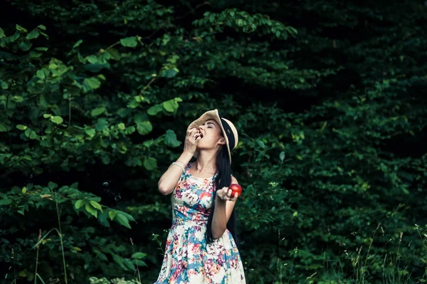 Mooi Meisje Het Park Picknick Eten Appels — Stockfoto