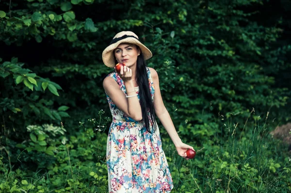 Hermosa Chica Parque Picnic Comer Manzanas —  Fotos de Stock