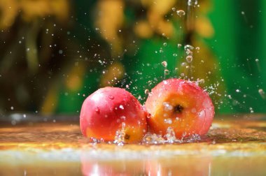 Elma meyveleri bir damla suyla suya düşer. Turuncu meyveler doğada sudur..