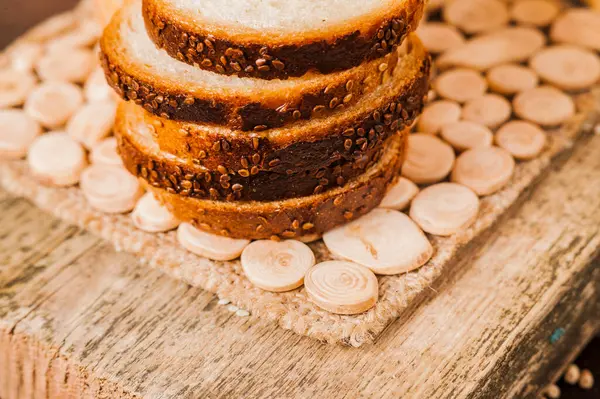 Grain Flour Wooden Table Sliced Fresh Bread — Stock Photo, Image