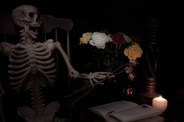 Esqueleto Espeluznante Leyendo Libro Por Vela Halloween — Foto de Stock