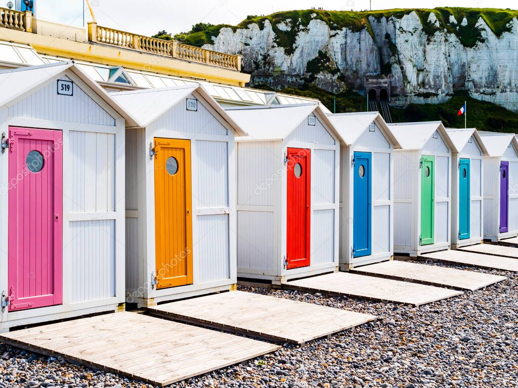 Colorful bathing huts in Le Treport beach, Normandy, France