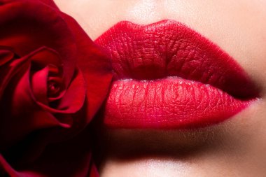 Seksi dudaklar. Kahverengi dudak. Koyu kahverengi rujlu, tombul, seksi dudaklara yakın çekim. Makyaj parlatıcısı kozmetik ürün. Deri ağız mükemmelliği kusursuz konsept. Dudak bakımı ve güzellik.