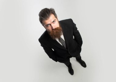 Takım elbiseli komik yakışıklı iş adamı, geniş açılı..
