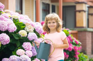Güneşli yaz gününde bahçedeki çiçekleri sulayan tatlı çocuk. Bahçede bahçe aletleri olan küçük bir çocuk..