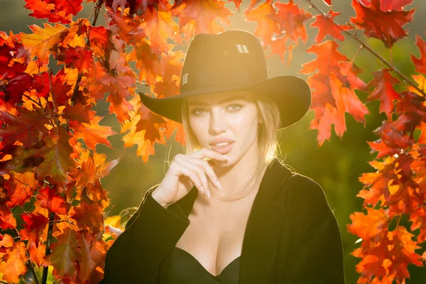 Närbild porträtt av en sensuell tjej i hatt med höstlöv. Romantisk sexig höst kvinnliga modell. — Stockfoto