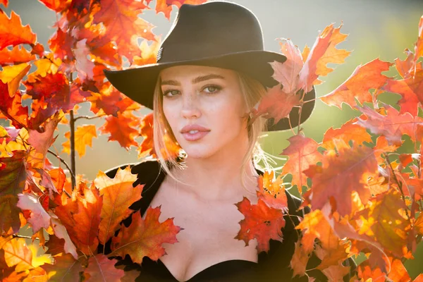 Hösten kvinna med gula lönnlöv på gyllene falla bakgrund. Närbild porträtt av en vacker flicka i hatt nära höstlöv. Ganska romantisk höst kvinnliga modell. — Stockfoto