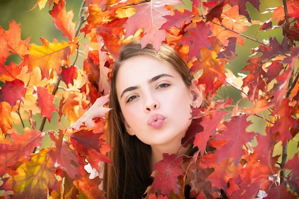 Menina bonita desfrutando outono. Jovem mulher com beijo e clima de outono. — Fotografia de Stock