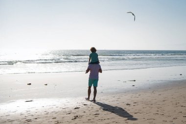 Babası onu omuzlarında taşıyan küçük bir çocuk. Yakışıklı adam baba, küçük oğlan çocuğu taşıyor. Mutlu baba kucağında çocuğu. Baba ve çocuk dışarıda eğleniyor. Aile seyahati, tatil, babalar günü..