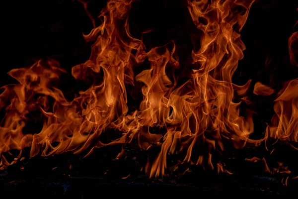 Le feu embrase les flammes sur fond noir. Brûler la flamme isolée, texture abstraite. Explosion flamboyante avec effet de combustion. Fond d'écran feu, motif d'art abstrait. — Photo