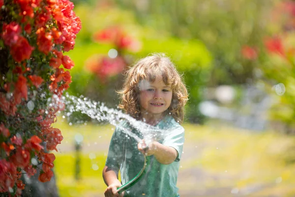 Очаровательный маленький мальчик поливает растение за пределами дома, концепция растениеводства учебной деятельности для детей и детского образования для дерева в природе. — стоковое фото