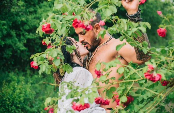 Sensual kiss. Young lovers hugging and embracing. Couple in love tenderness and affection outdoor. — Stock Photo, Image