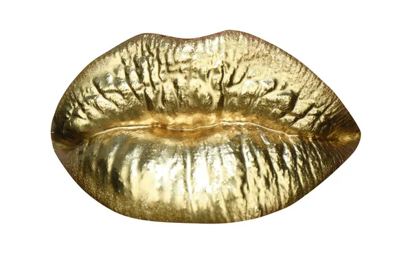 Розкішний макіяж з золотими губами. Золоті губи з золотою помадою. Золота фарба на губах сексуальної дівчини. Чуттєвий жіночий рот, ізольований фон. Золотий макіяж . — стокове фото
