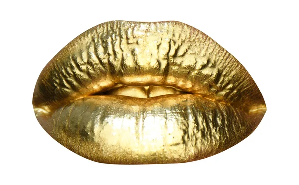 Косметика та макіяж. Золоті губи помада і блиск. Сексуальні та чуттєві губи. Золоті губи крупним планом. Золота металева губа. Ізольовані на білому . — стокове фото
