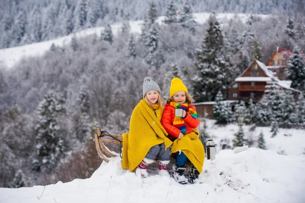 Děti sáňkaří, jezdí na saních. Děti syn a dcera si v zimě hrají ve sněhu. Venkovní děti zábava pro vánoční rodinnou dovolenou. — Stock fotografie