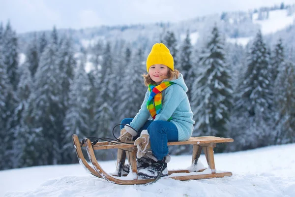 Lindo chico disfrutando de un paseo en trineo. Niños en trineo, montando un trineo jugar al aire libre en la nieve en el paisaje de invierno. Diversión activa de invierno al aire libre para vacaciones en familia. — Foto de Stock