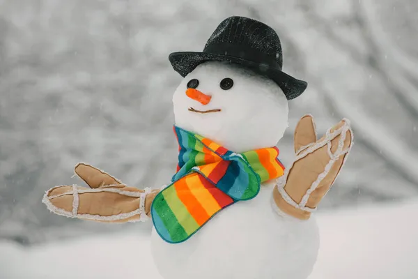 Bałwan z kapeluszem i szalikiem w zimie na świeżym powietrzu. Szczęśliwy uśmiechnięty bałwan w słoneczny zimowy dzień. Karta świąteczna. — Zdjęcie stockowe
