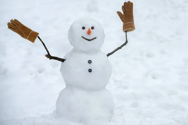 Hombre de nieve en invierno al aire libre. Saludo divertido muñeco de nieve. — Foto de Stock