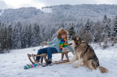 Köpeği olan çocuk kızakla gezintiye çıkıyor. Kışın açık havada kayak yapan bir çocuk. Noel aile tatili. Çocuk, güneşli bir kış gününde tahta bir retro kızağa biniyor..