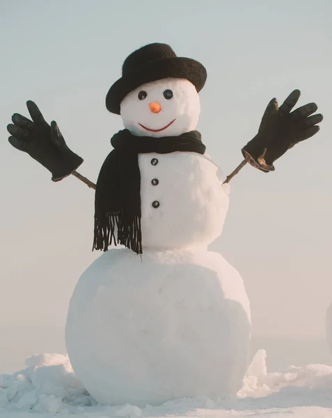 Kışın açık havada şapkalı ve eşarplı bir kardan adam. Siyah şapkalı, eşarplı ve eldivenli bir kardan adam. Noel ve kış. — Stok fotoğraf