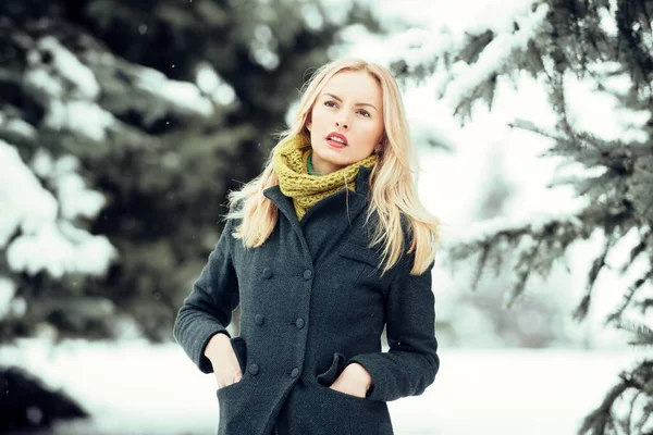 Ξανθιά γυναίκα που περπατάει στο πάρκο χιονιού. Το μοντέλο ζεσταίνει τα χέρια στις τσέπες. Χειμερινές διακοπές. Χριστούγεννα και νέο έτος — Φωτογραφία Αρχείου