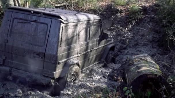 Pneus sales, pneus boueux. Pneu de voiture coincé dans la boue. Mouvement lent. — Video