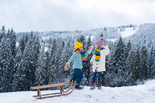 Šťastný chlapec a dívka sáňkaří v zimě. Děti sourozenci jezdící na sněhových skluzavkách v zimě. Synu a dcero, užijte si jízdu na saních. Zimní krajina se zasněženým pozadím. — Stock fotografie