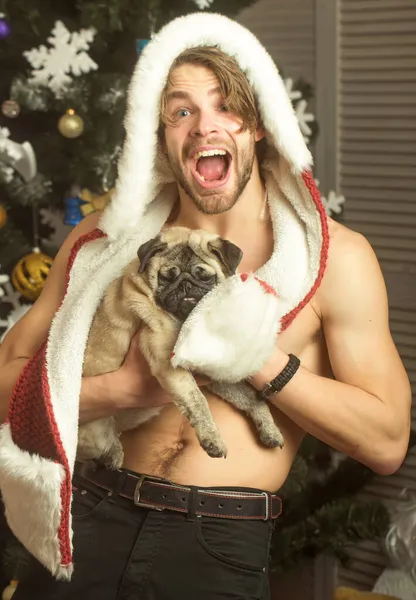Αστείος τύπος, σέξι άντρας με χαρούμενο πρόσωπο με σκύλο στο χέρι. Γκέι με μικρό σκυλάκι — Φωτογραφία Αρχείου