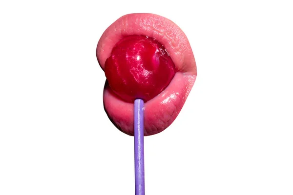 Sensual red lips with candy print. Red lollipop in the mouth in art design. Womans lips licking sucking lollipop. Sensual mouth with candy concept enjoyment beautiful female lips isolated on white. — Stock Photo, Image