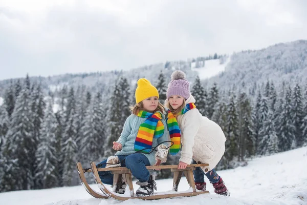 Menino e menina trenó no inverno. Crianças irmão montando em escorregas de neve no inverno. Filho e filha desfrutam de um passeio de trenó. Inverno crianças diversão. — Fotografia de Stock