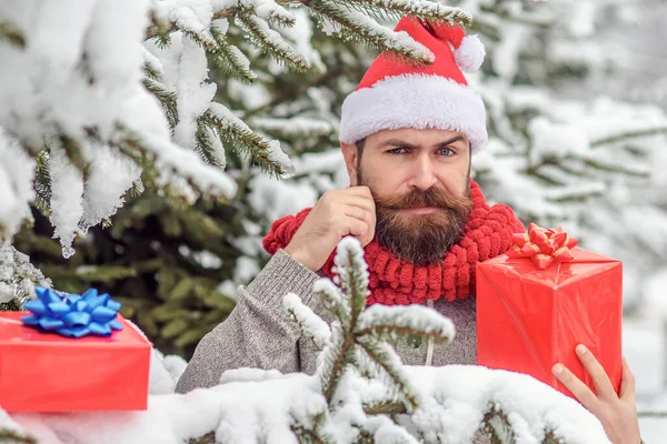 Γενειοφόρος με καπέλο Σάντα το χειμώνα στην ύπαιθρο. Χριστουγεννιάτικος άντρας με γενειάδα κρατά δώρο δώρο. Hipster santa στο χριστουγεννιάτικο δέντρο σε χιονισμένο δάσος χειμώνα. — Φωτογραφία Αρχείου