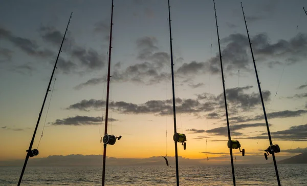 Рыболовный прут и катушка на море и закат неба. — стоковое фото