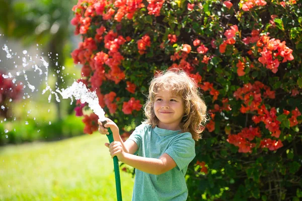 Child having fun in domestic garden. Child hold watering garden hose. Active outdoors games for kids in the backyard during harvest time. — Stock Photo, Image