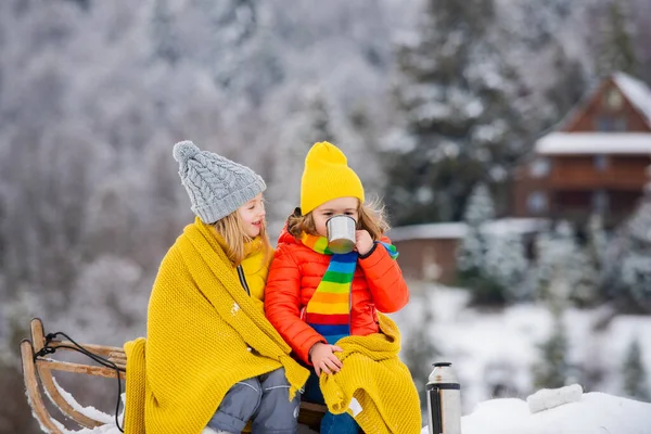 Engraçado menino e menina se divertindo com um trenó no inverno. Crianças giras brincando em uma neve. Atividades de inverno para crianças. — Fotografia de Stock