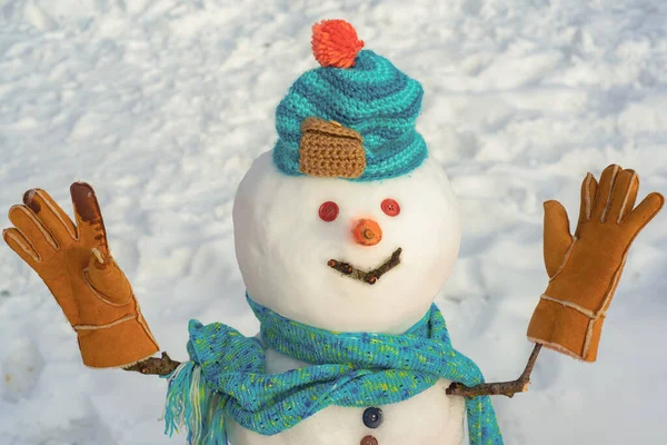 Kar ormanındaki kardan adam. Mutlu Noeller ve mutlu tatiller. Komik kardan adam. Yakın plan..