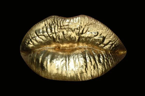 Χρυσά σέξι χείλη, χρυσή τέχνη. Χρυσό φωτεινό make-up στα χείλη. — Φωτογραφία Αρχείου