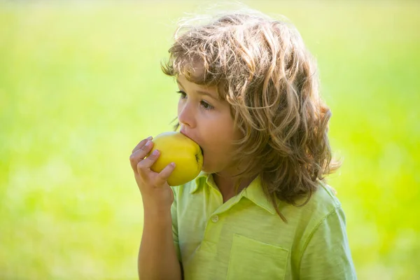 Schattig kind jongen eten een appel buiten. — Stockfoto
