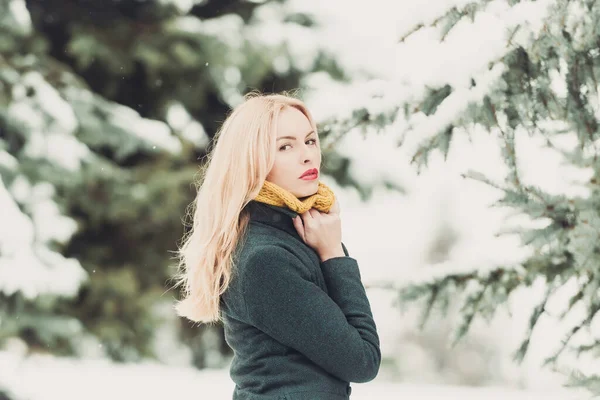 Frau an einem Wintertag. Weihnachtsmodell in grauem Mantel und gelbem Schal. Mädchen zu Fuß in Schnee Wald — Stockfoto