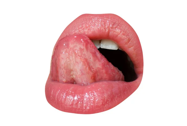Чуттєва жінка переслідує губи сексуальним спокусливим жестом. Глянцевий розкішний рот . — стокове фото