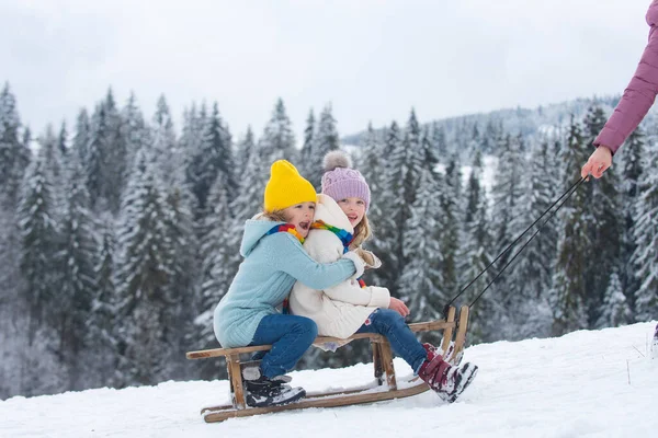 Children sledding, riding a sledge. Children son and daughter play in snow in winter. Outdoor kids fun for Christmas family vacation. Family christmas holiday outdoor. — Stock Photo, Image