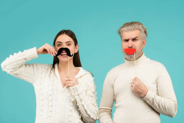 Funny couple in love. Fun face with lips moustache, Mr and Mrs concept. — Stock Photo, Image
