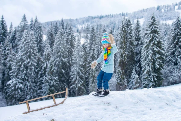 Çocuk kış manzarasında kızakla gezmenin tadını çıkarıyor. Kışın açık havada kayak yapan bir çocuk. Noel aile tatili. — Stok fotoğraf