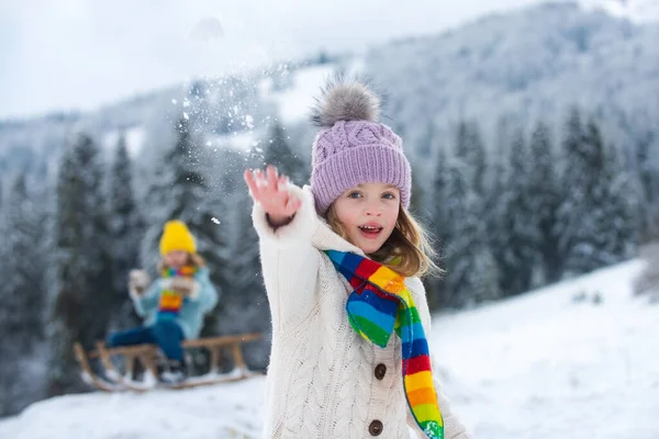 Deux petits enfants s'amusent avec la bataille de boule de neige dans la belle nature hivernale avec la montagne de campagne couverte de neige. Vêtements tricotés hiver pour enfants. — Photo